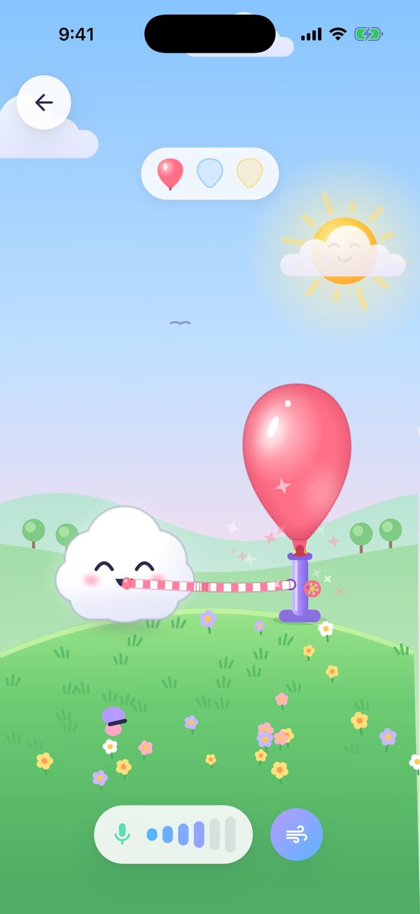 The Balloon Ride game with Puff floating up under colourful balloons