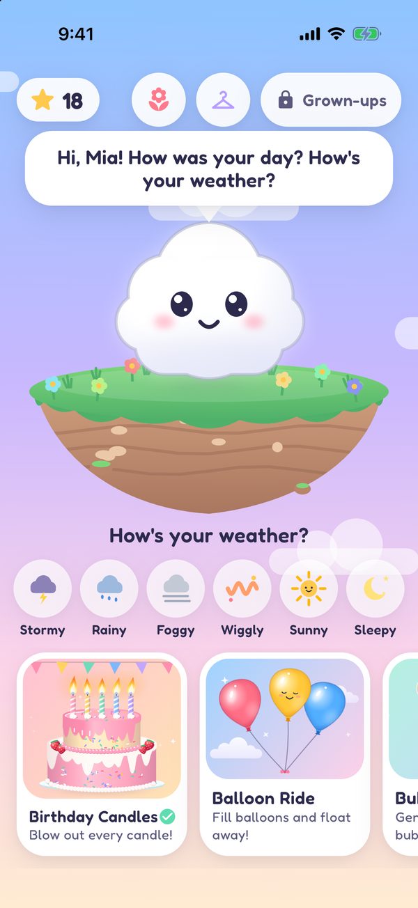 Whoosh! home screen with Puff and the game choices